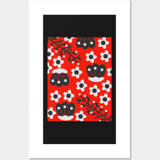 Little white flowers in red Posters and Art